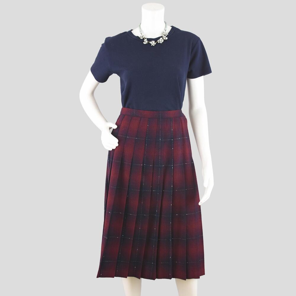 Vintage 90s Plaid Skirt, Burgundy & Blue Pleated Wool Midi, Women's 30" Waist